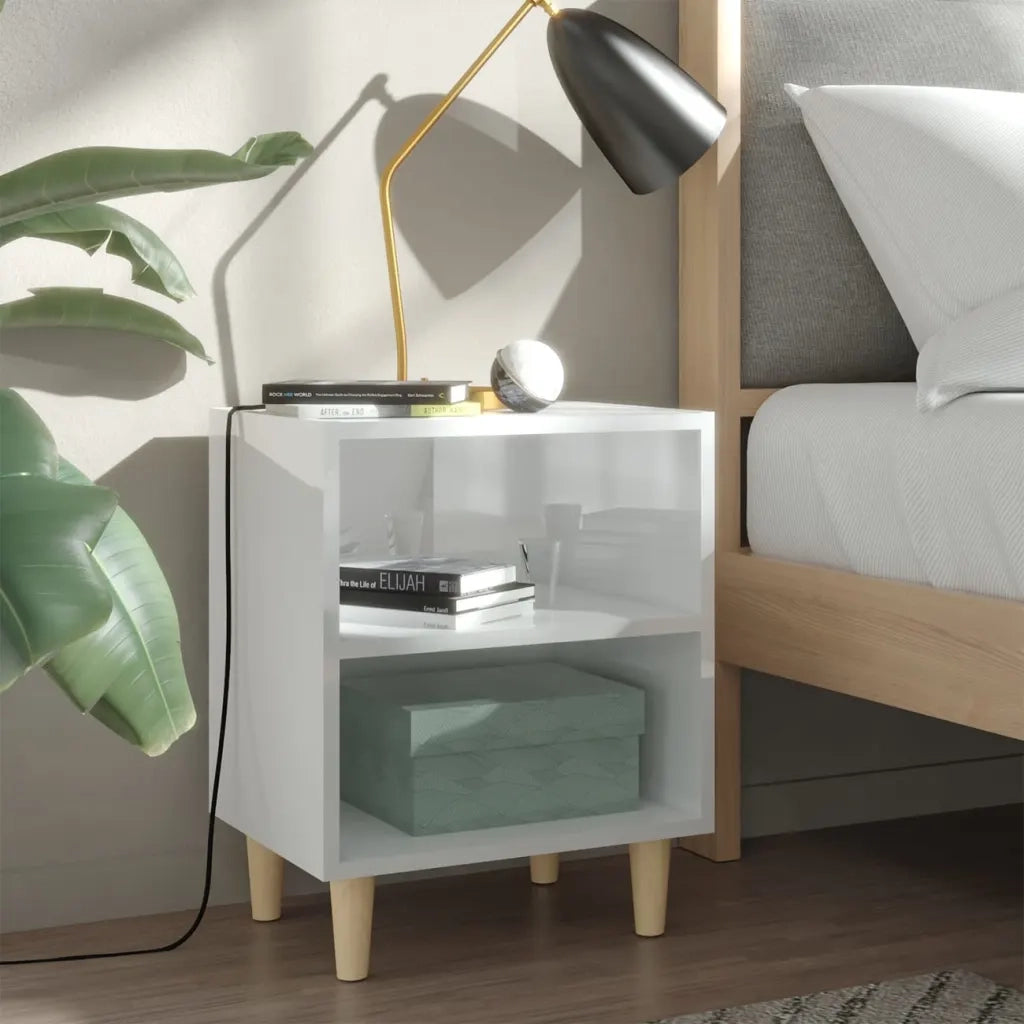 Comodini Gambe in Legno Massello 2pz Bianco Lucido 40x30x50 cm 805792