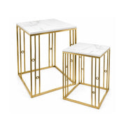 2 TAVOLINI QUADRATI IN METALLO E PIETRA SIMIL MARMO MISURE 42X42X58CM/36X36X50CM
