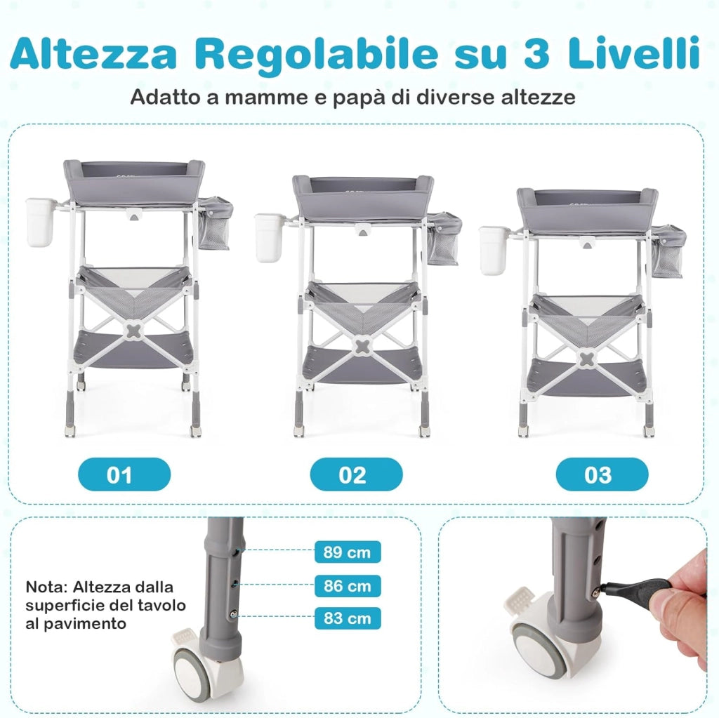 Fasciatoio Pieghevole Neonato, Fasciatoio Portatile con Altezza Regolabile, Comodino per Pannolini con Ruote di Bloccabili, 2 Ripiani, Porta Asciugamani, Cestino di Rifiuti (Grigio)