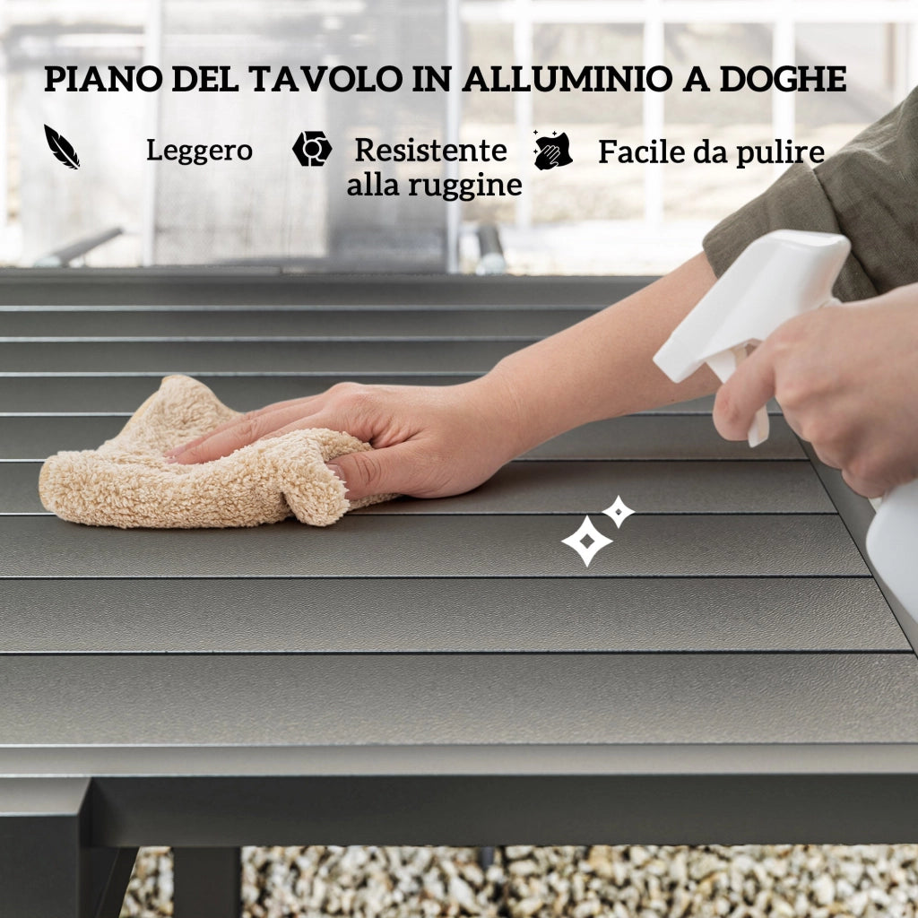 Set da Giardino con Tavolo da Pranzo Allungabile e 6 Sedie Pieghevoli in Acciaio Alluminio e Rete Grigio e Nero