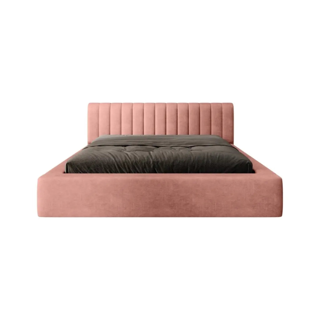 Letto contenitore CERVIN – Velluto morbido Ocra rosata – 160x200 cm – Rete sollevabile – Design elegante