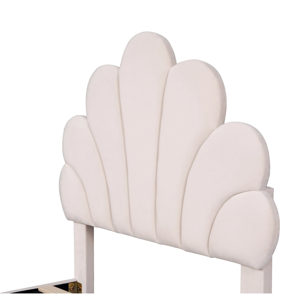 Letto Singolo 90×200 cm con Testiera a Fiore; Imbottito in Velluto; senza Materasso; Beige