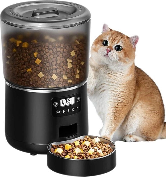 Alimentatore per Animali di 4 Litri - Fino a 9 Porzioni/4 Pasti al Giorno - Anti Blocco e Doppia Alimentazione Elettrica - Dispensatore per Cibo di Gatti e Cani