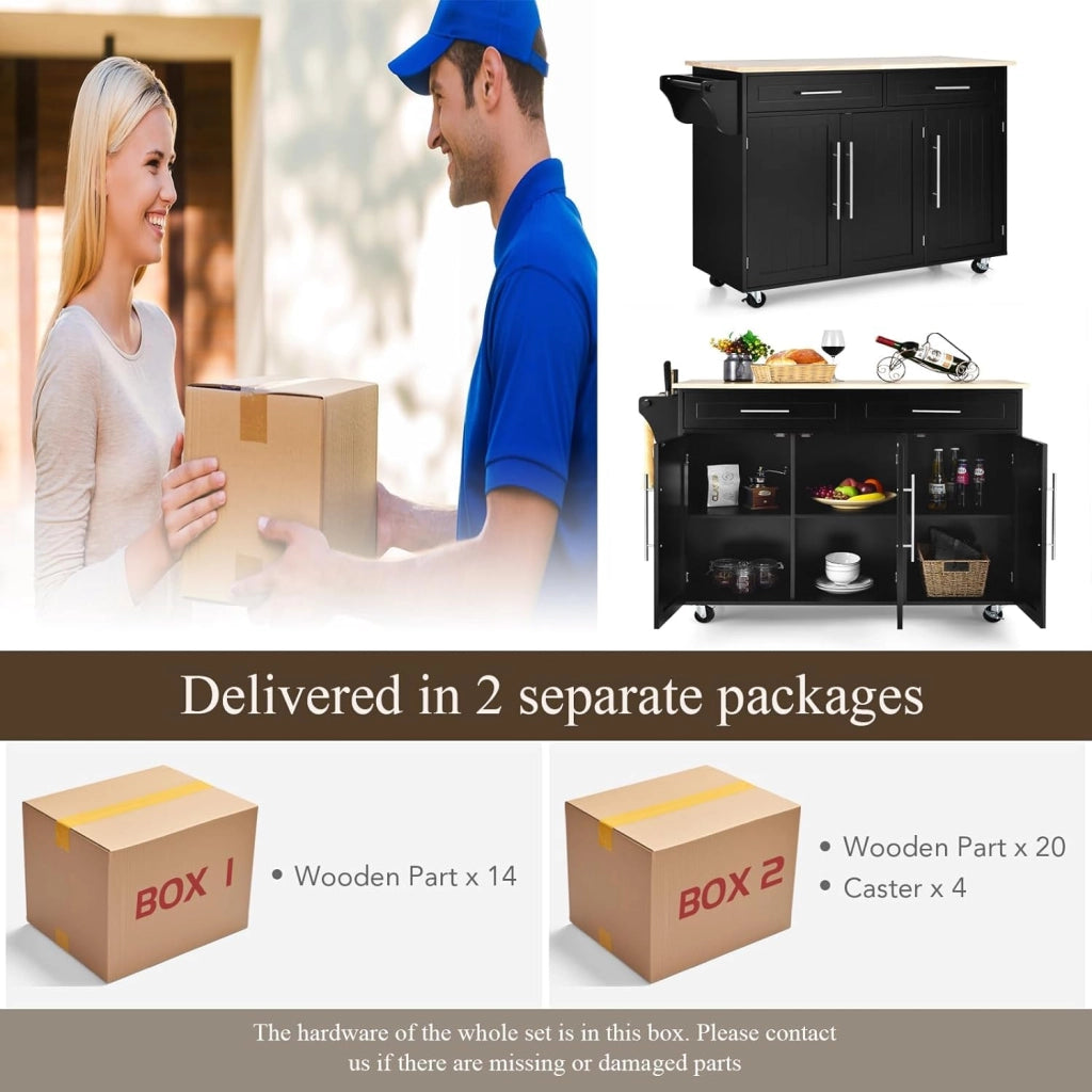 Carrello Portaoggetti con Ruote con 2 Freni, Isola Cucina in Rovere Massiccio, Mobiletto da Pranzo con Portaspezie e Portasciugamani, per Soggiorno, 111,5 x 46 x 93 cm, In 2 Pacchi (Nero)