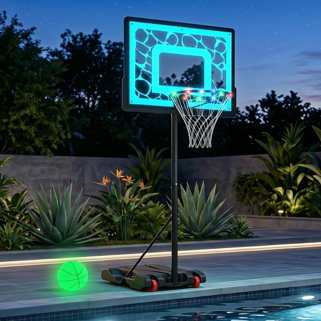 Canestro da basket da piscina con palla ruote luci led, Canestro da pallacanestro luminoso altezza regolabile 115-144 cm