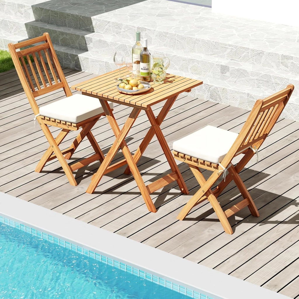 Set Bistro da Esterno in Legno di Acacia, Tavolo e 2 Sedie Pieghevoli con Cuscini, Tavolo Portata 80 kg/Sedia Portata 180 kg (Modello 2)