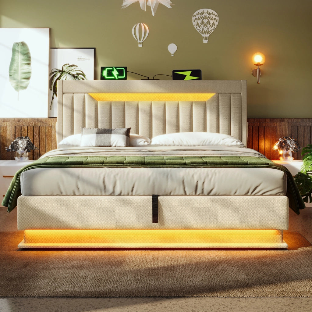 Letto matrimoniale 160x200 cm in lino beige con LED; USB e vano contenitore idraulico