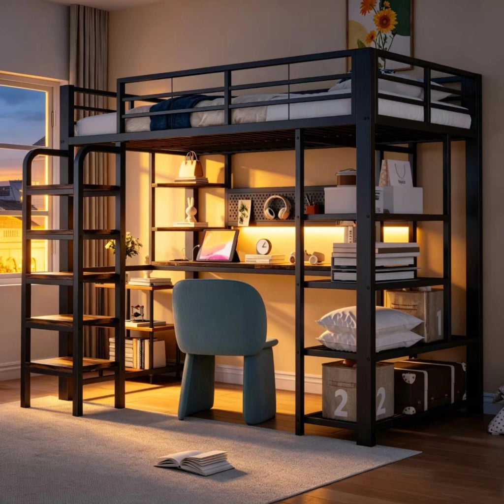 Letto a soppalco singolo 90 × 200 cm con scrivania, LED regolabile, prese integrate e ripiani, senza materasso, nero