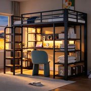 Letto a soppalco singolo 90 × 200 cm con scrivania, LED regolabile, prese integrate e ripiani, senza materasso, nero