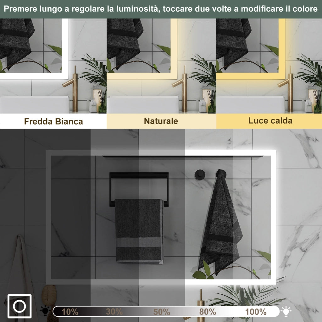 AICA Specchio da bagno  90 x 70 cm, dimmerabile, Funzione Memoria, antiappannamento, 3 colori