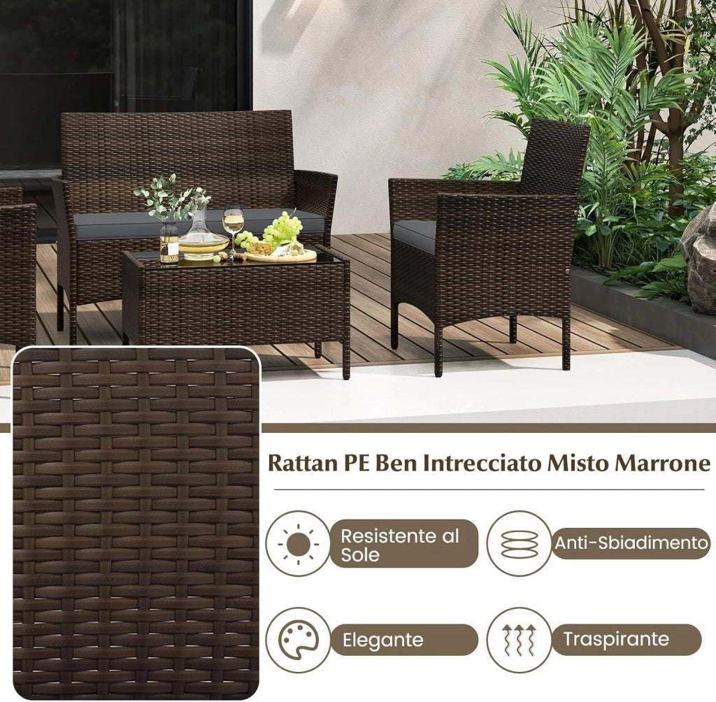 Set di Salotto da Giardino in Rattan 4 Pezzi, Set Mobili da Esterno in Vimini con Cuscini Morbidi, Divanetto e Poltrona con Tavolo in Vetro Temperato per Giardino e Veranda (Grigio)