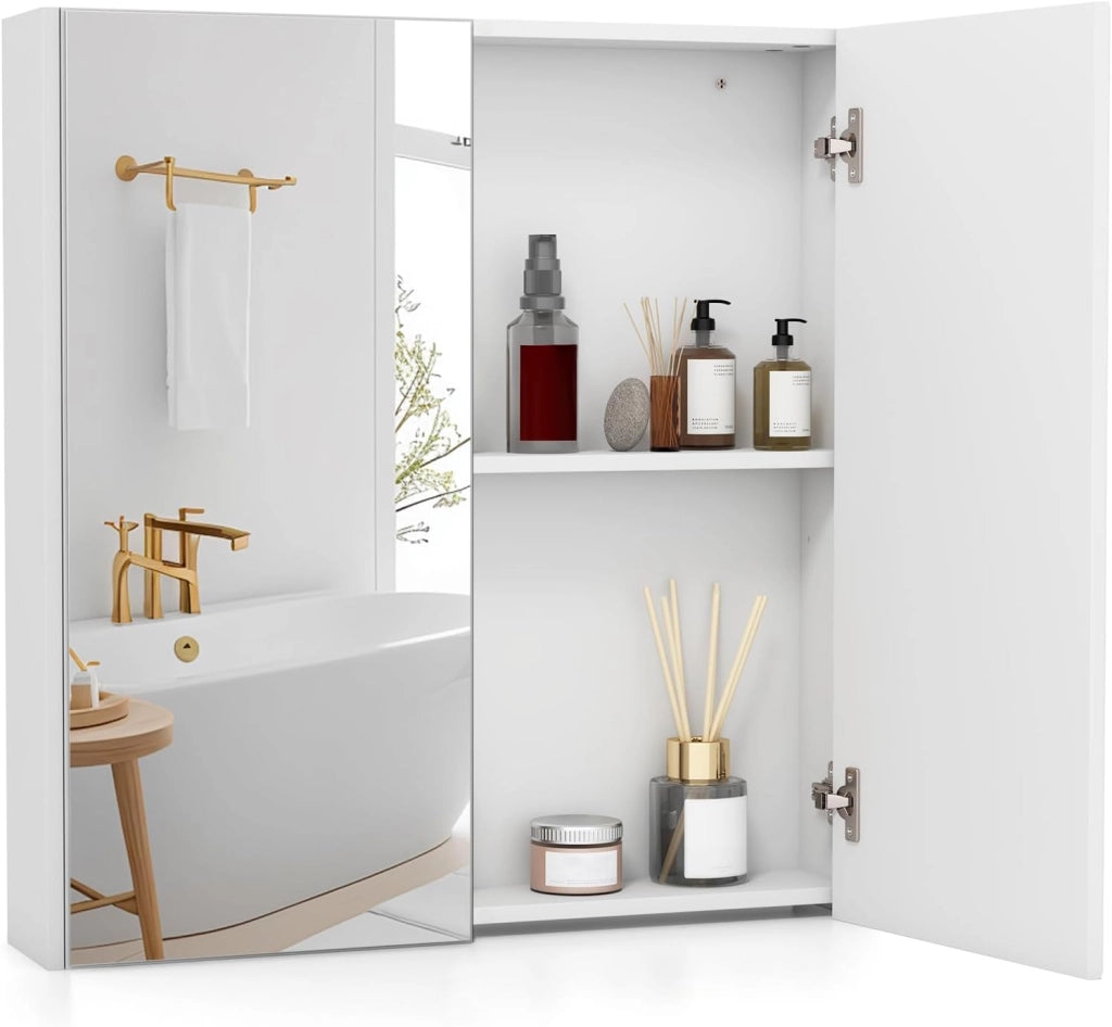 Armadietto da Bagno con Specchio a 2 Ante, Mobiletto da Parete Pensile con Mensola Regolabile, Mobile Bagno Sospeso con Specchiera 65 x 62 x 11 cm (Nero)