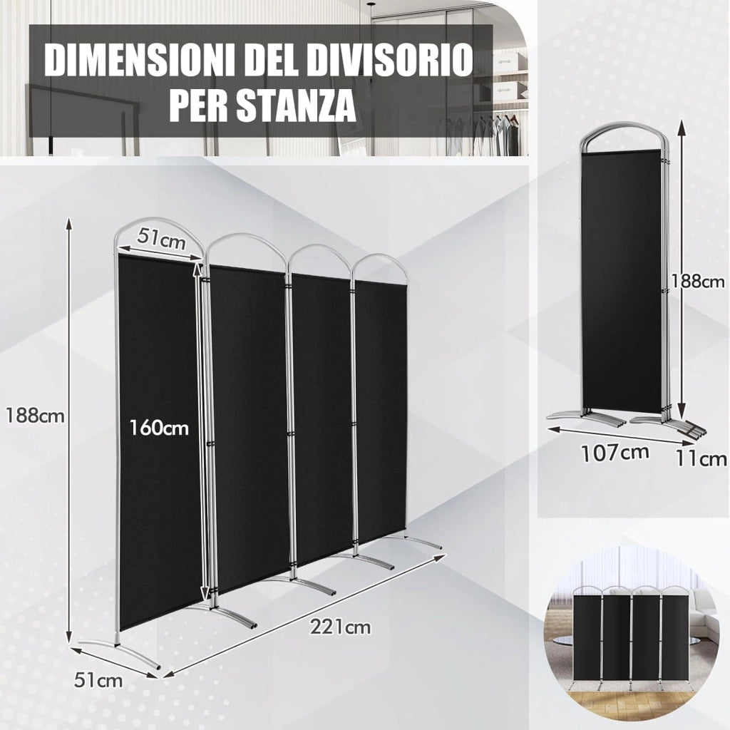 Paravento Pieghevole a 4/6 Pannelli, Separé Divisorio Interno ed Esterno, Pannelli Divisori per Camera da Letto, Ufficio e Soggiorno (221 x 188 cm 4 Pannelli, Nero)