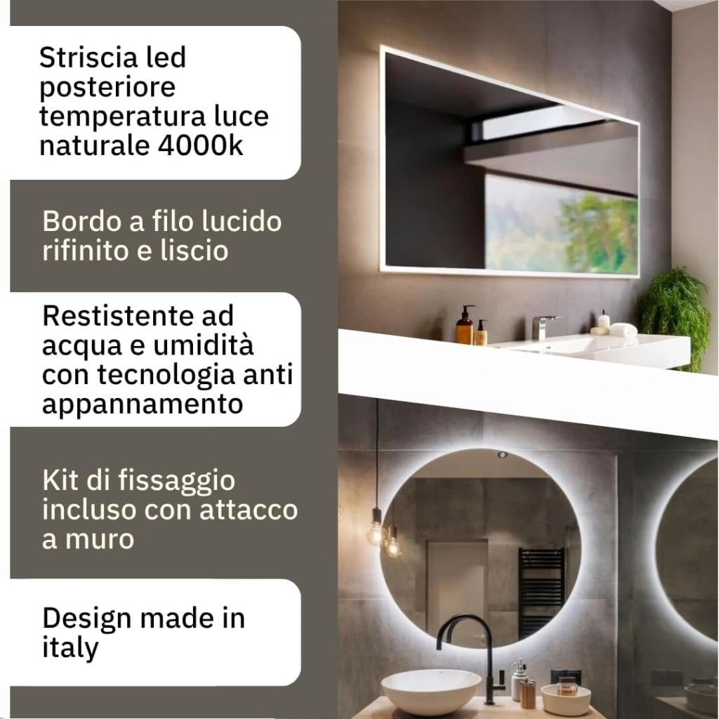 Specchio con Striscia LED 4000K, Specchio bagno AGAPE 100x75 cm com Luce Naturale, Specchio da parete, Specchio con led