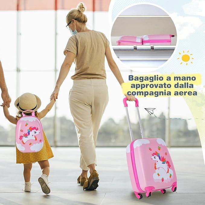 Set di Valigia per Bambini, 16" Valigia+ 12" Zaino, 2 Pezzi, con Ruote Girevoli a 360° e Maniglia Retrattile, Ideale per Viaggiare in Modo Comodo e Divertente (Modello 14)