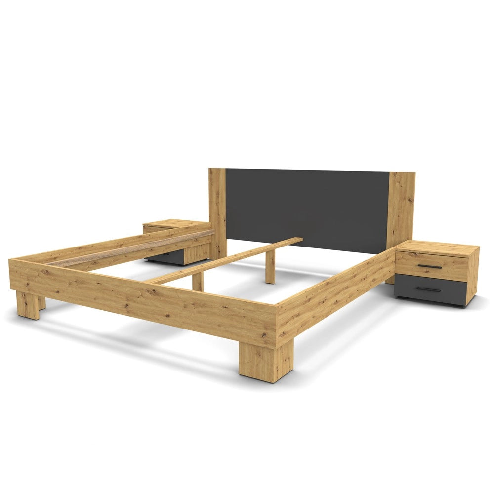 Letto matrimoniale Meria 180x200 con comodini integrati antracite e rovere