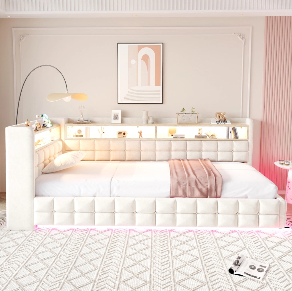 Letto imbottito multifunzionale con vano contenitore e LED