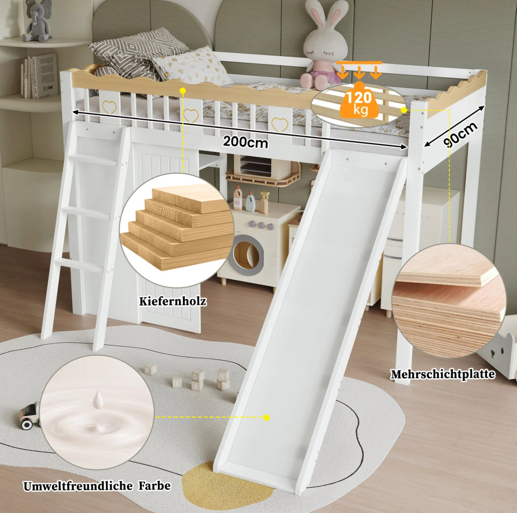 Letto a soppalco per bambini 90x200 cm con scivolo; armadio e mobile contenitore; bianco e naturale