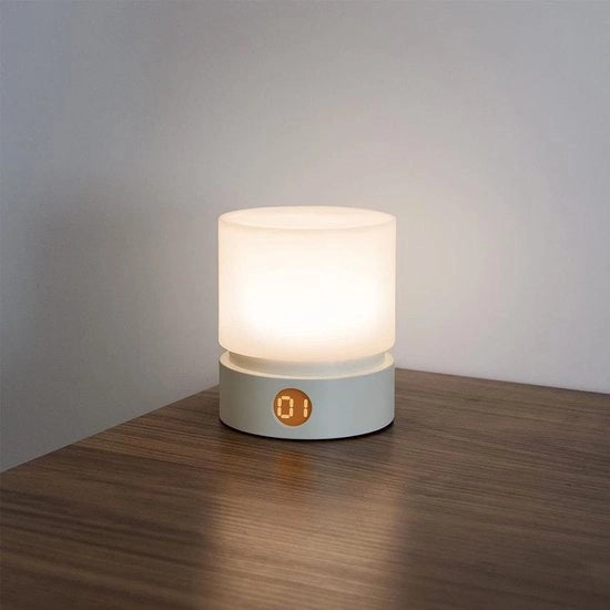 Lampada notturna con timer, 3 impostazioni, luminosità regolabile 3000K e batteria ricaricabile integrata.