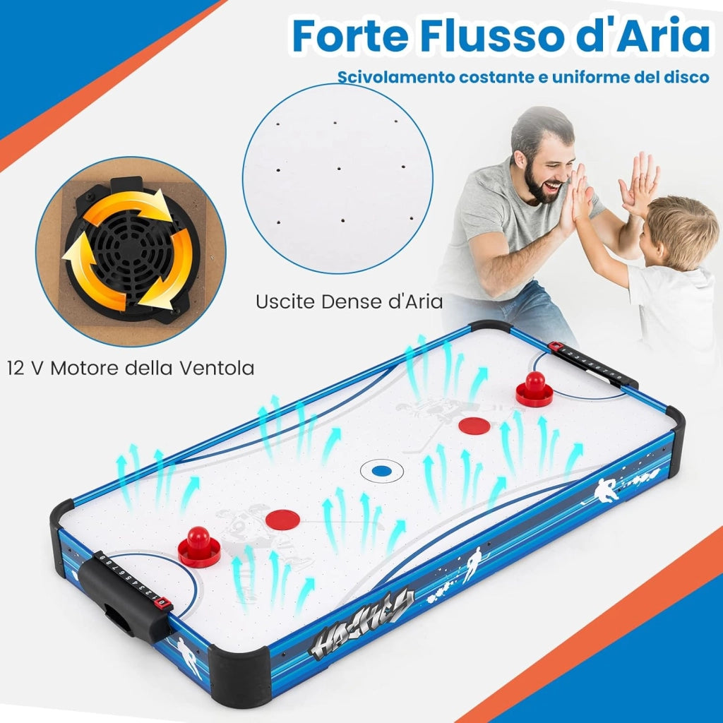 Tavolo da Air Hockey, con 12V Motore Elettrico Potente, 2 Dischi e 2 Spintori, Air Hockey da Tavolo per Sala Giochi Casa Ufficio, 108x50,5x10 cm
