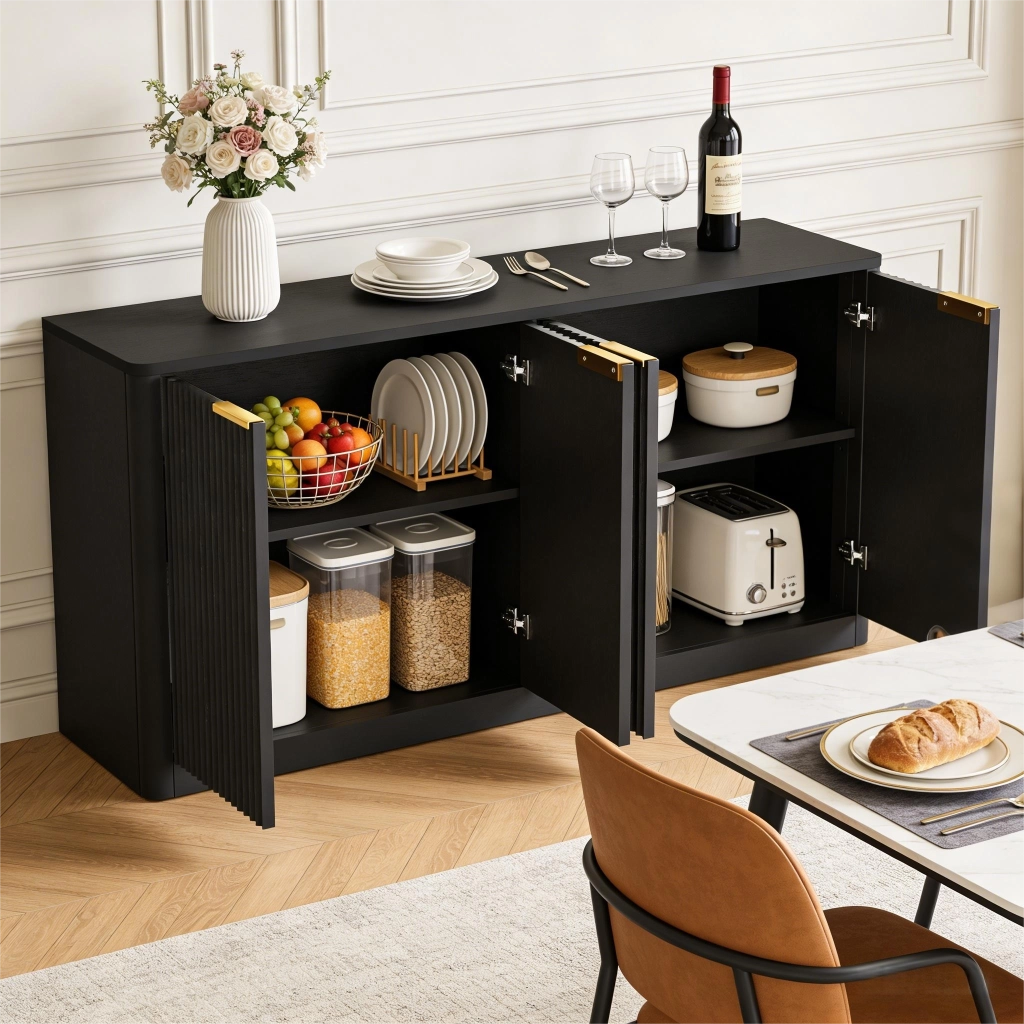 Credenza con 4 ante e vani chiusi; per soggiorno; in MDF; 150×40×70.5 cm; nera