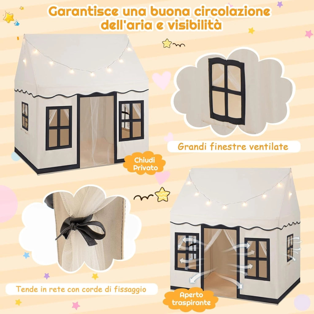 Tenda da Gioco per Bambini con Luci a Stella, Tappetino in Velluto Lavabile e Antiscivolo, Finestre e Tende a Rete, Ideale per Interni ed Esterni per Bambini 3 Anni + (Beige)