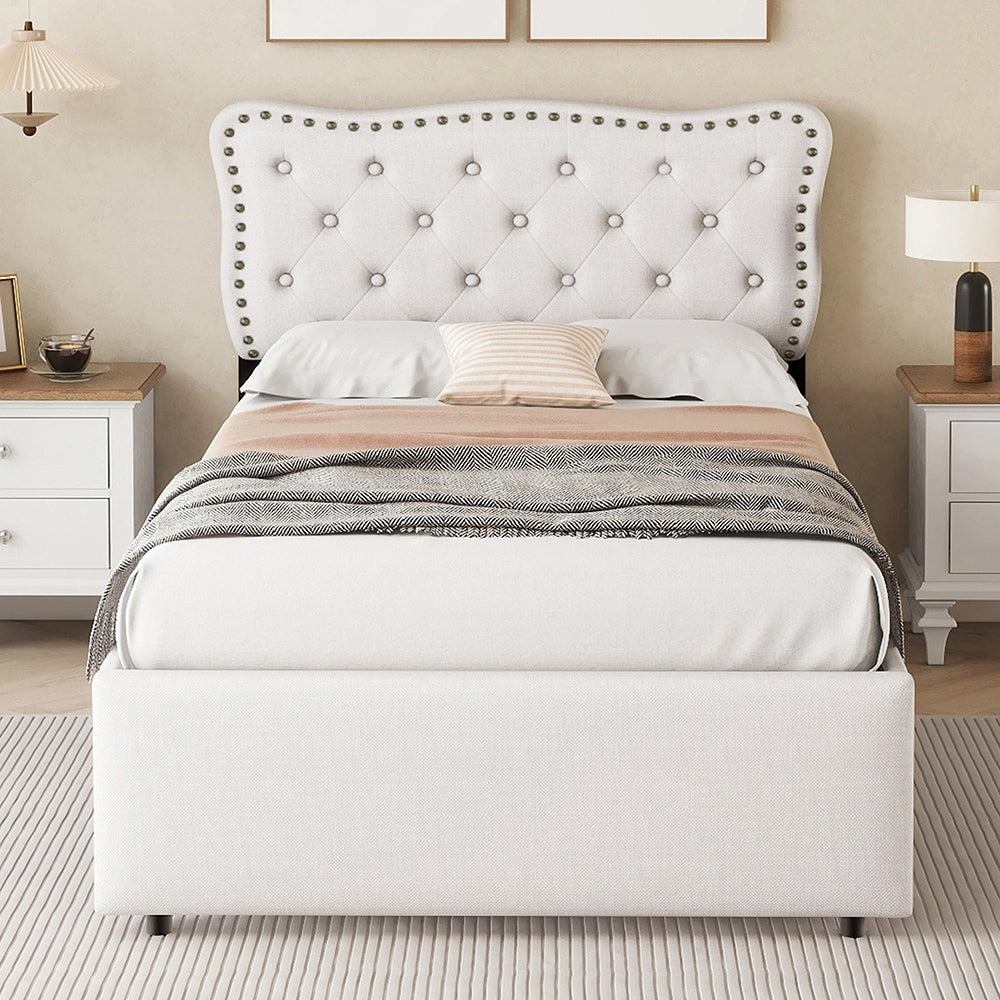 Letto imbottito con testata imbottita rivetti decorativi e due cassetti - Xylo - 90x200 cm - Beige
