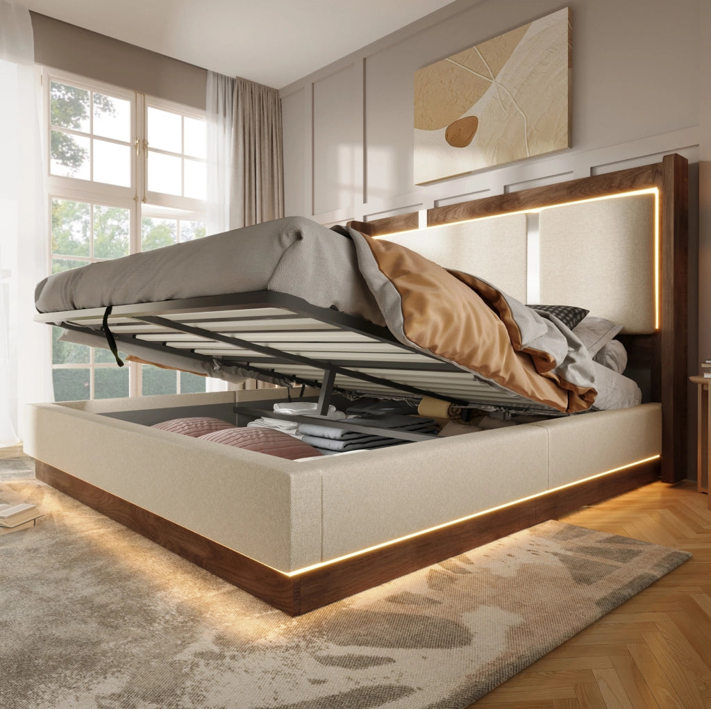 Letto imbottito 140x200 con LED integrato e vano contenitore