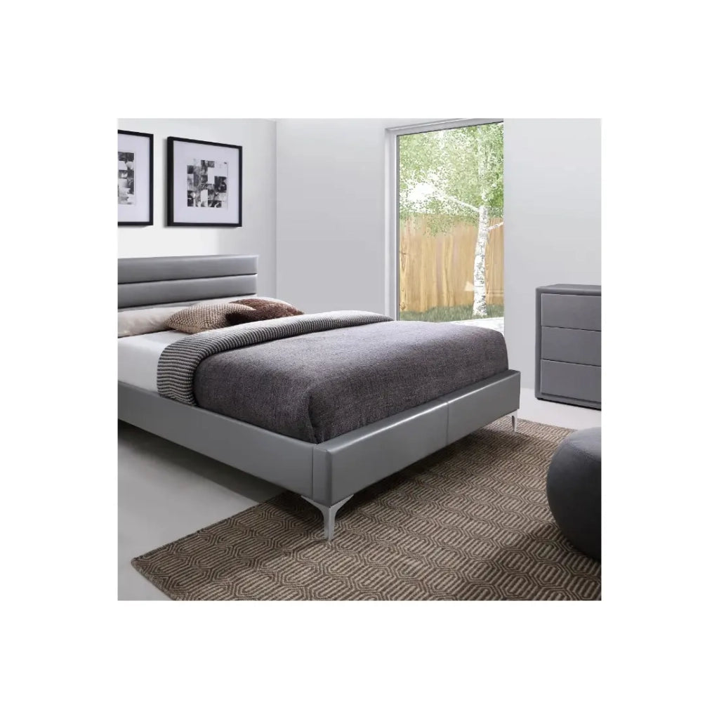 Letto con rete THOMAS 160x200 in similpelle, colore grigio - 215 x 99,5 x 165 cm