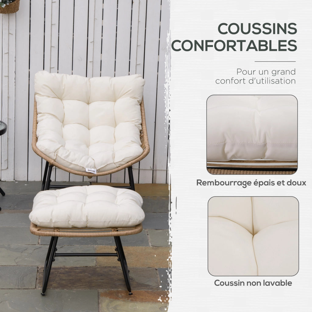 Poltrona da giardino con poggiapiedi in resina rattan e cuscini ¨C zephmum ¨C naturale