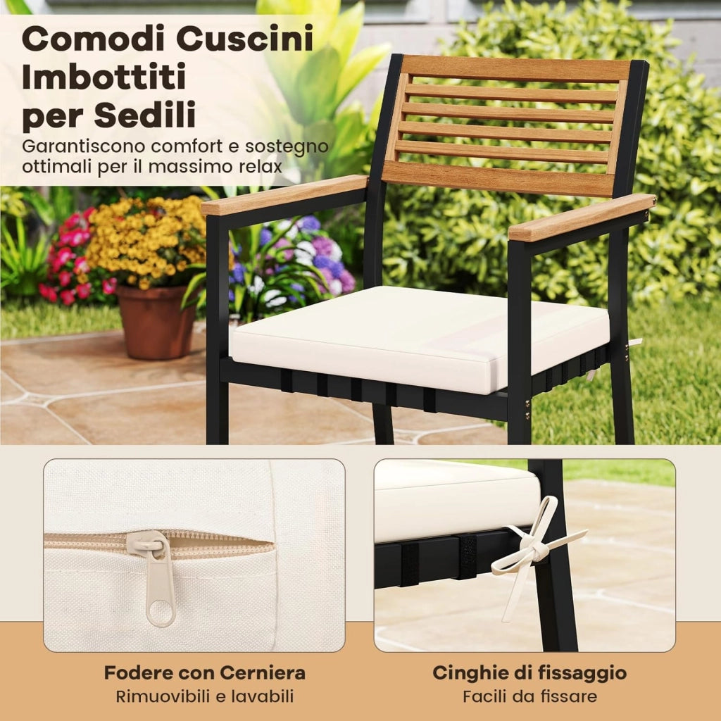 Set Pranzo da Giardino, Tavolo da Pranzo con 2 Sedie e Panca, Mobili da Esterno Ergonomiche Legno di Acacia con Foro per Ombrellone e Comodi Cuscini, per Bordo Piscina, Terrazza