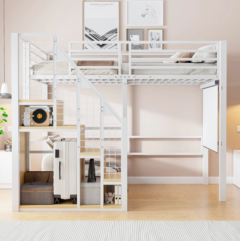 Letto a soppalco 90x200 cm con armadio e scala in MDF e metallo bianco