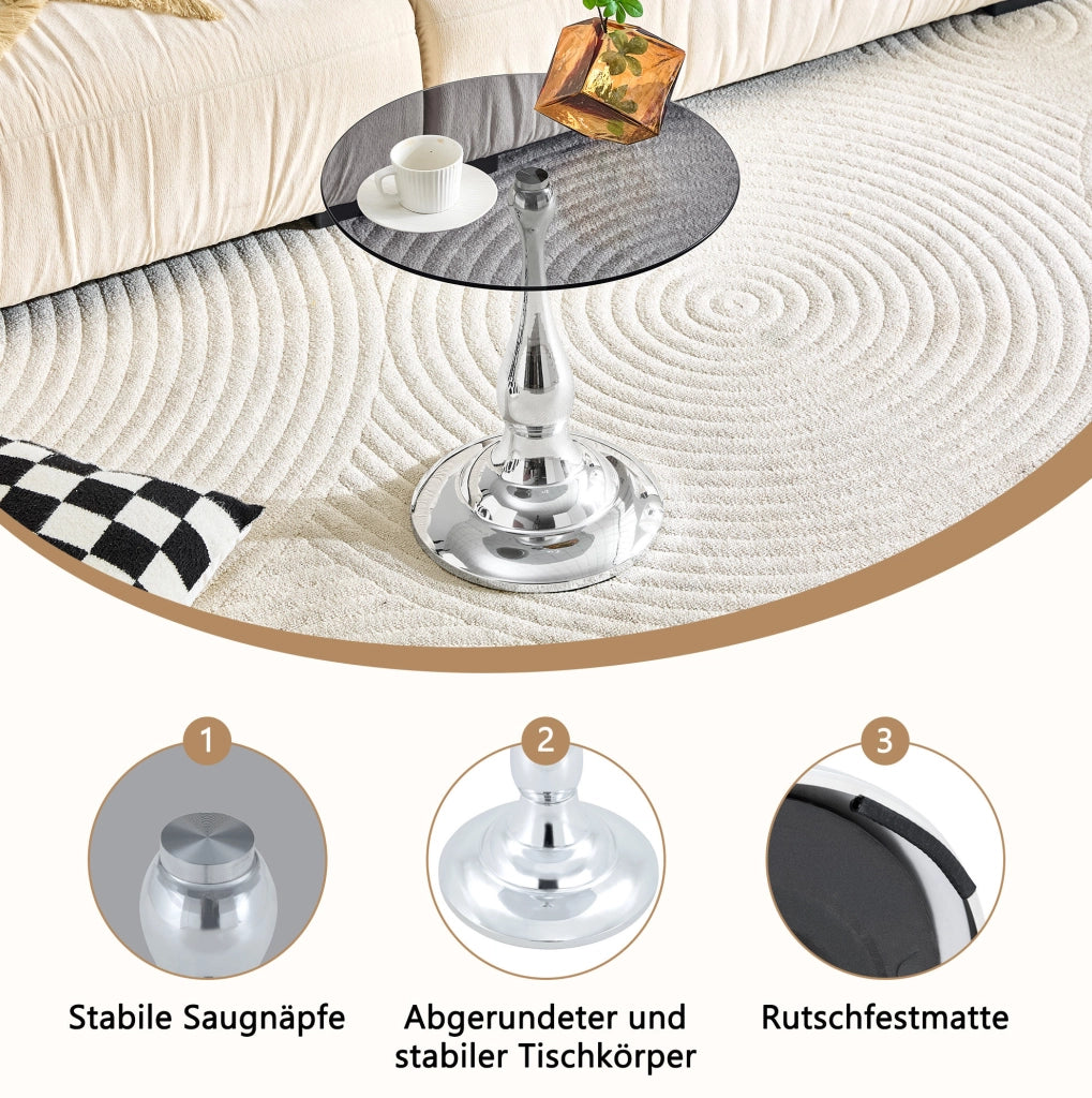 Tavolino rotondo in vetro temperato e metallo; ? 50 cm; argento