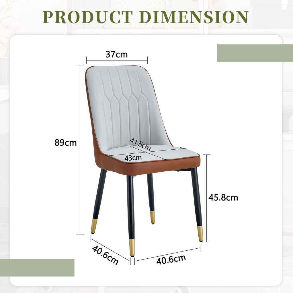 Set di 2 sedie da pranzo moderne in PU bicolore grigio chiaro e marrone; gambe nere in metallo