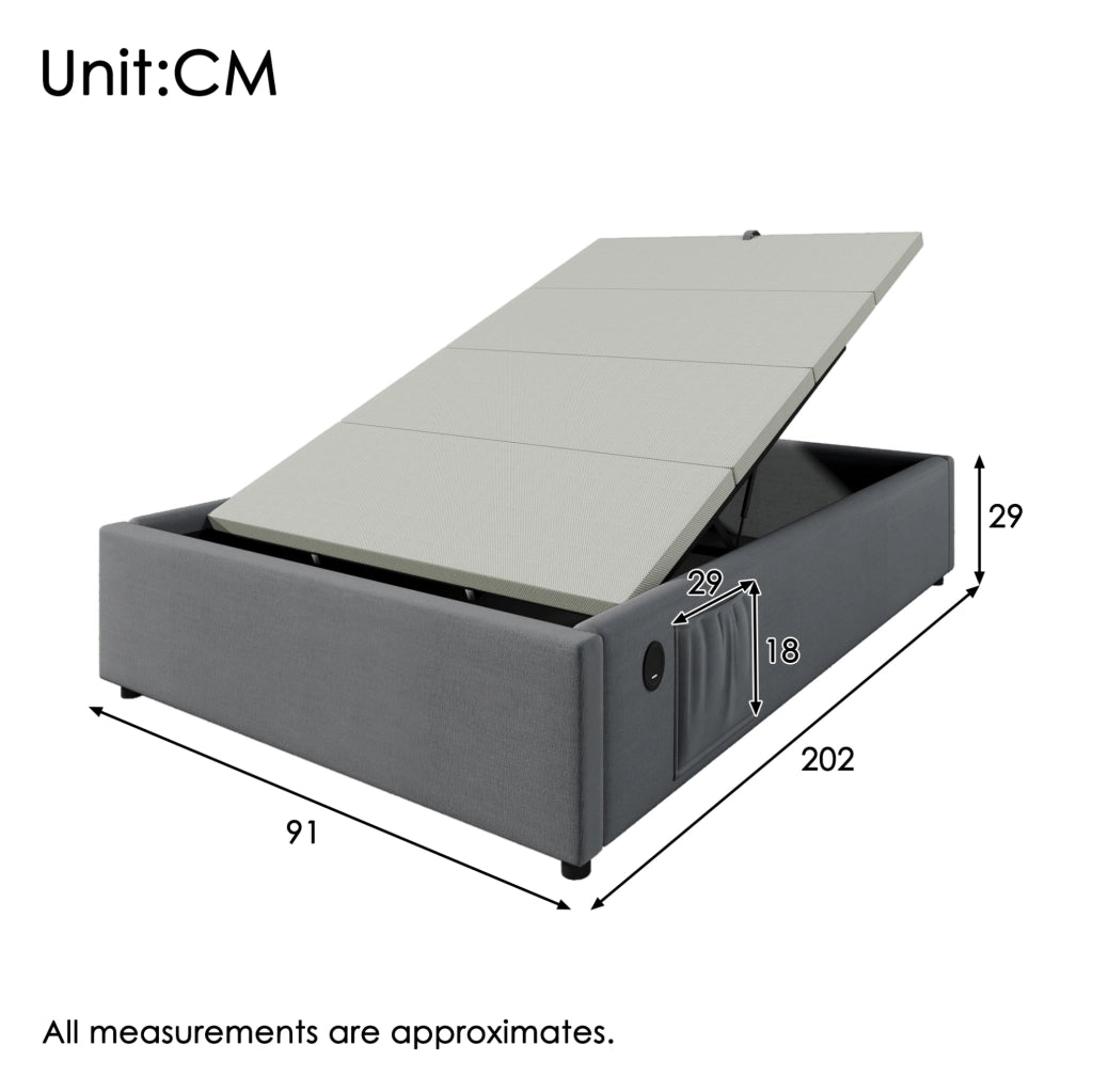 Letto singolo 90x200 cm con contenitore; USB e Type-C; tessuto effetto lino grigio