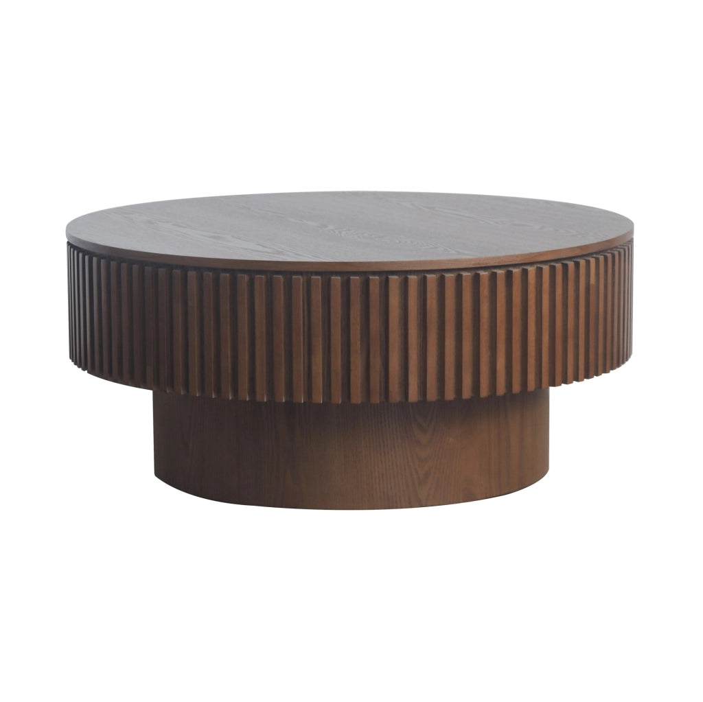 Tavolino da caffè rotondo con contenitore; design a fungo scanalato in legno e MDF; noce