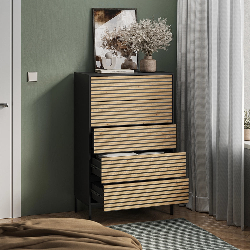 Vicco Cassettiera Nero/quercia 76 x 120 cm con 5 cassetti