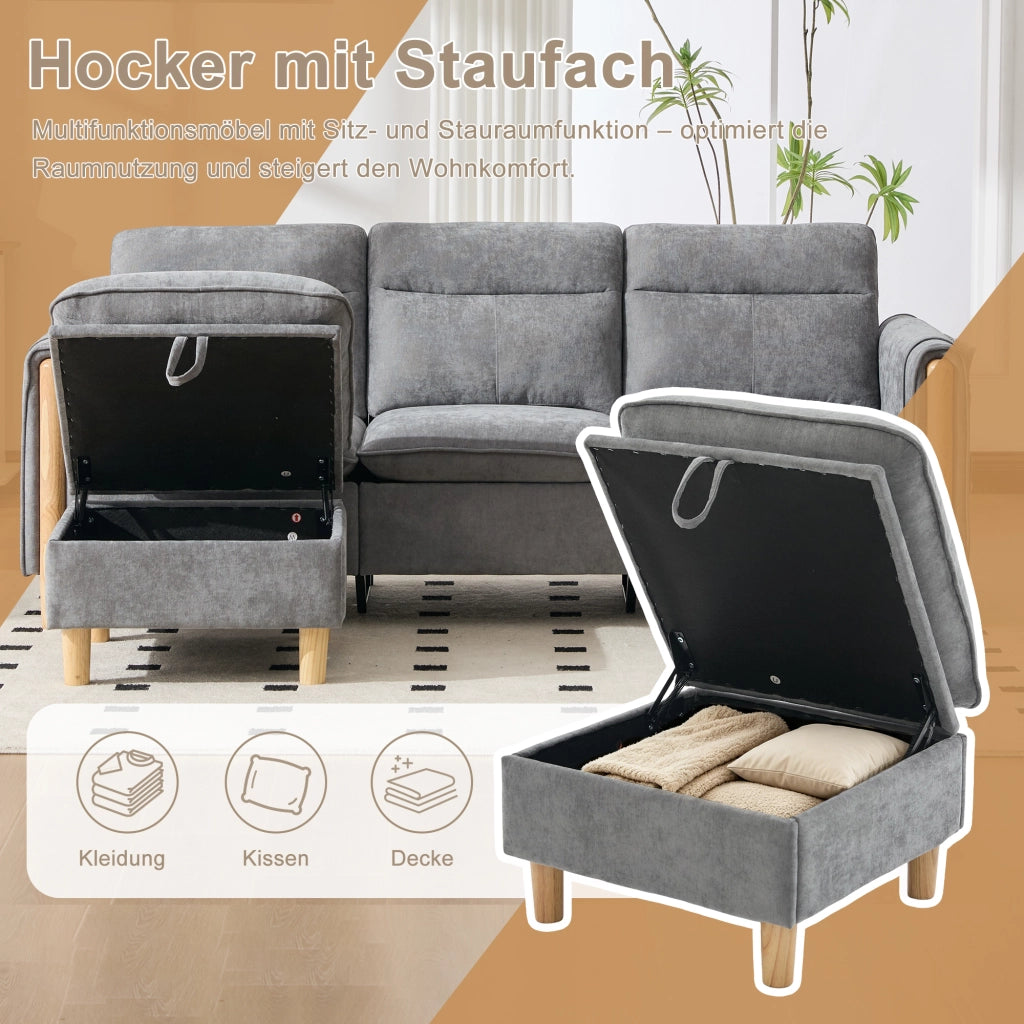 Divano ad angolo modulare con vano contenitore e tasche laterali in chenille grigio chiaro compatto 201 × 77 × 86 cm