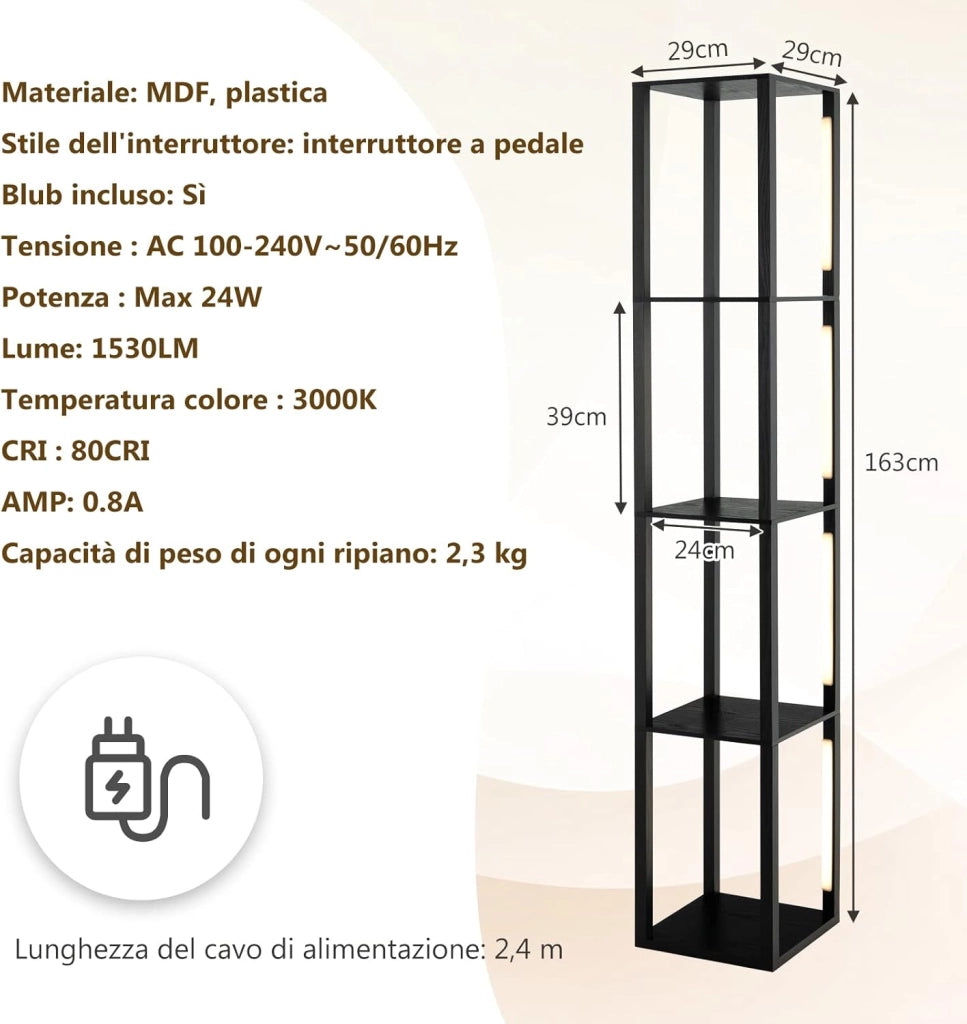 Lampada da Terra con Mensola, Lampadine LED Dimmerabili a 3 Livelli e Poli LED Ruotabili, Piantana Lampada da Terra per Soggiorno, Studio e Camera da Letto