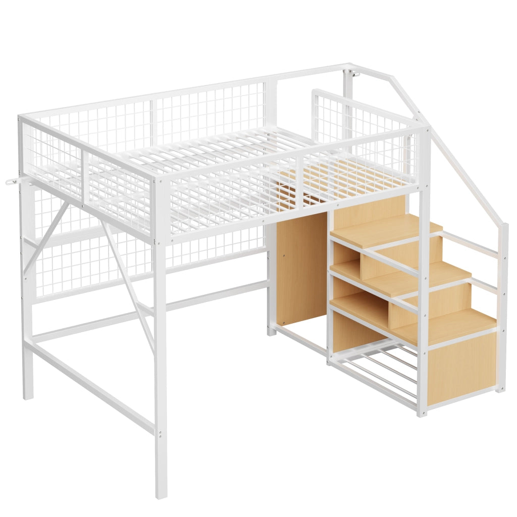 DESMIU Letto a Soppalco Matrimoniale con scala contenitore, armadio e LED regolabile, 140 × 200 cm, senza materasso