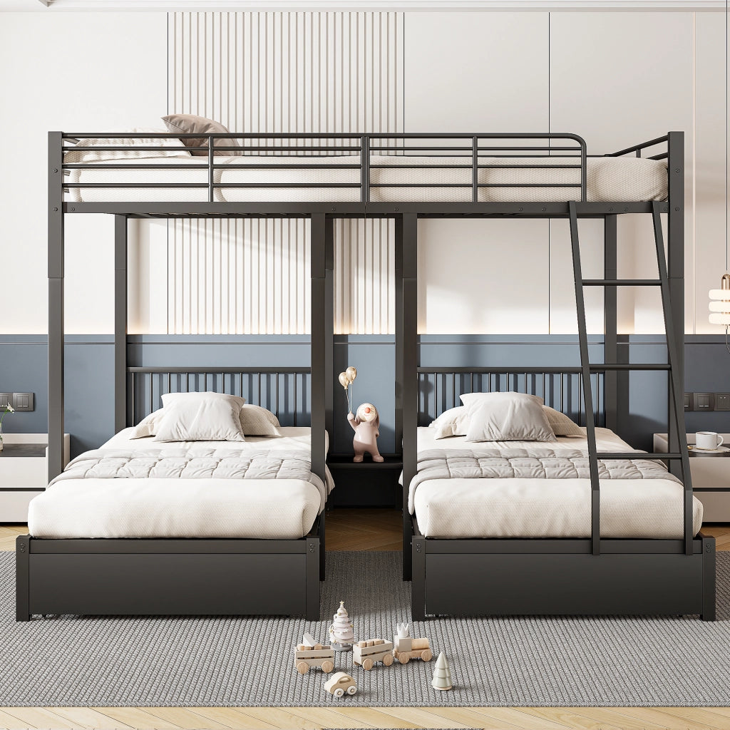Letto a castello triplo con cassetti metallo nero 140x200 cm