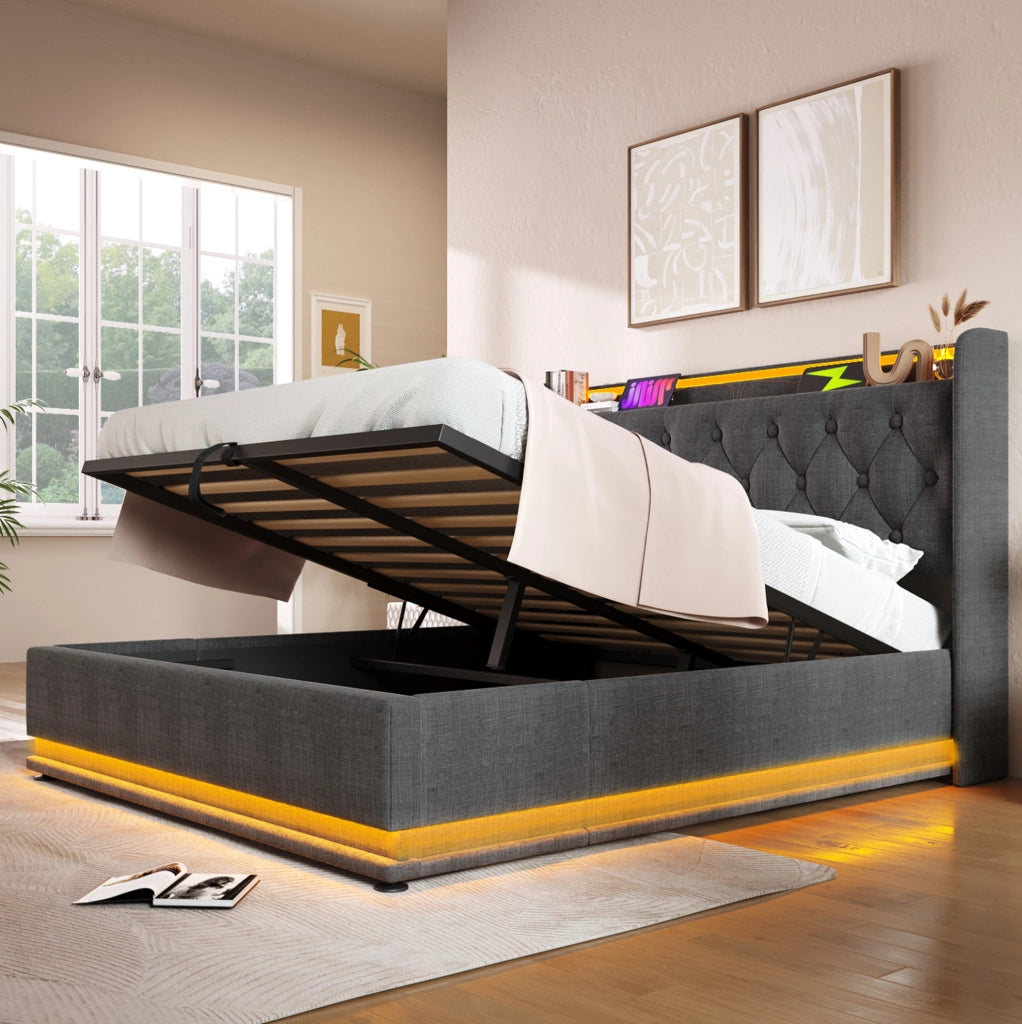 Letto contenitore 160×200 cm grigio con LED e USB