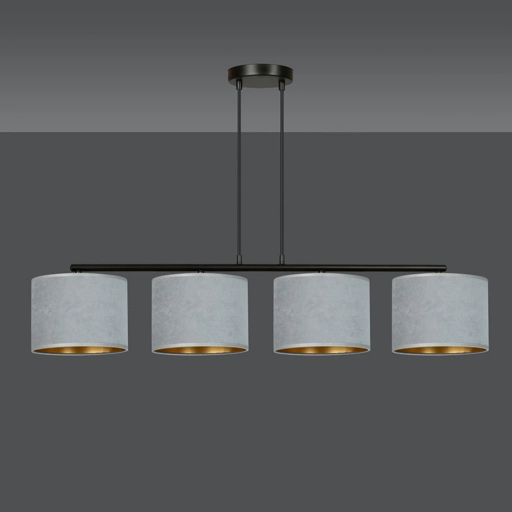 Lampadario 4 Luci Ganesha In Acciaio Nero E Paralumi In Tessuto Grigio