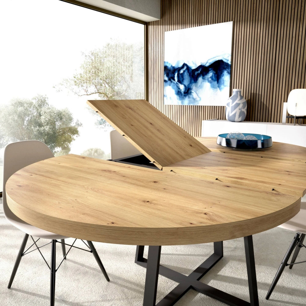 Tavolo allungabile Andia, Consolle estensibile rotondo, Tavolo da pranzo multiuso ovale, 110/158x110h77 cm, Rovere Nodi