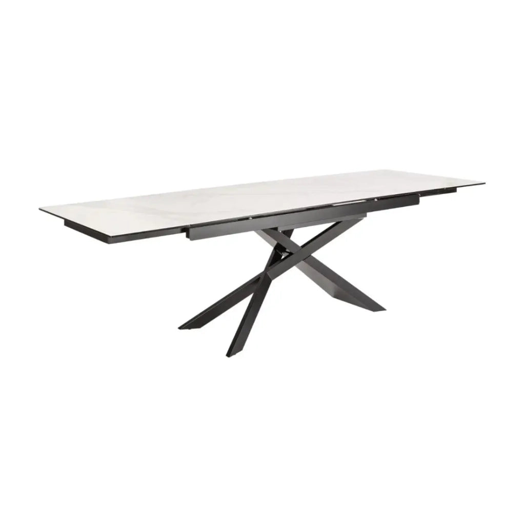 Table STELIX 180–220–260 cm – Piano in ceramica effetto marmo bianco e vetro temperato – Estendibile con gambe in metallo nero