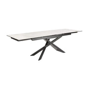 Table STELIX 180–220–260 cm – Piano in ceramica effetto marmo bianco e vetro temperato – Estendibile con gambe in metallo nero
