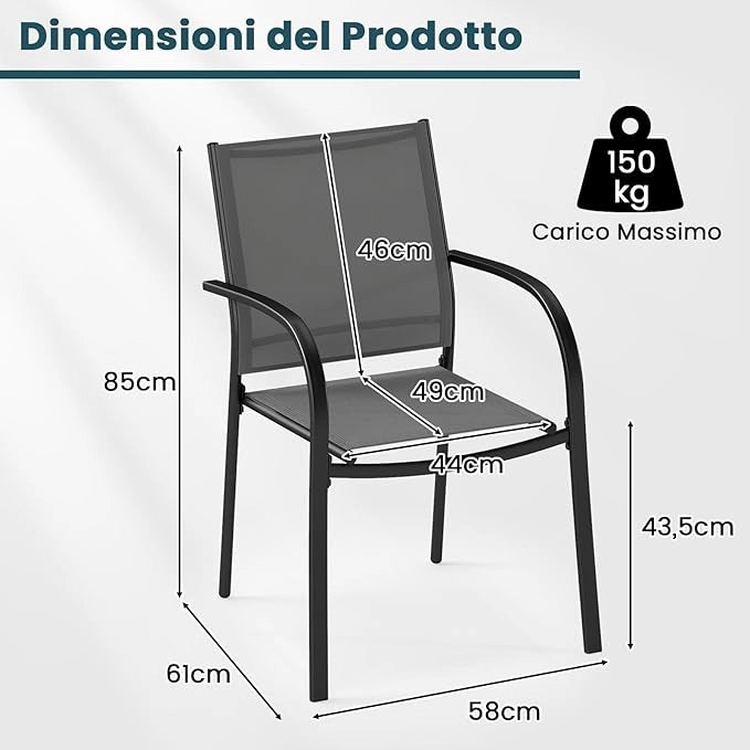 Set di 2 Sedie da Giardino, Sedie da Pranzo Impilabili in Metallo, con Seduta e Schienale Traspiranti, Poltrona Esterno per Giardino Piscina Balcone, Portata 150 kg