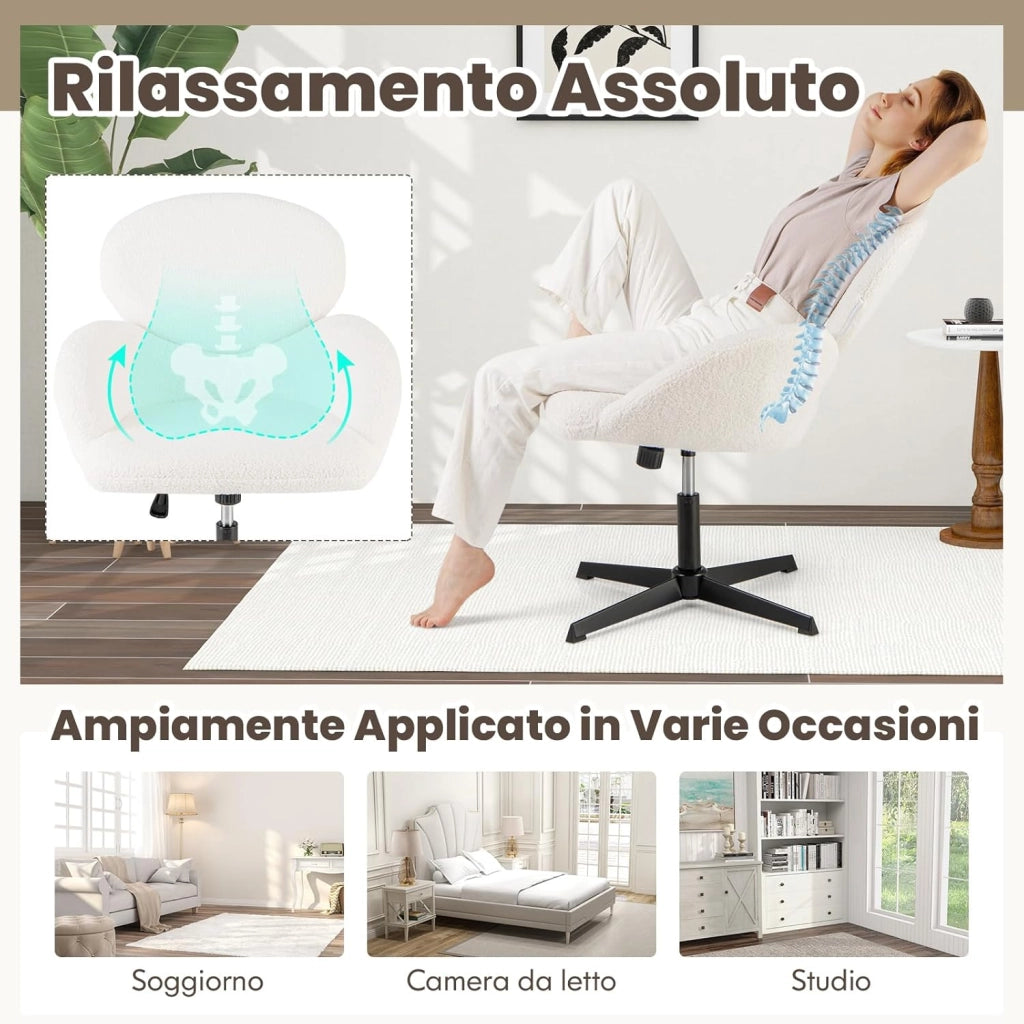 Sedia Girevole a Gambe Incrociate, con Altezza Regolabile, Sedia Scrivania con Base Metallica, Seduta Ampia da Scrivania, Ideale per Ufficio a Casa, Camera da Letto, Portata 160 kg
