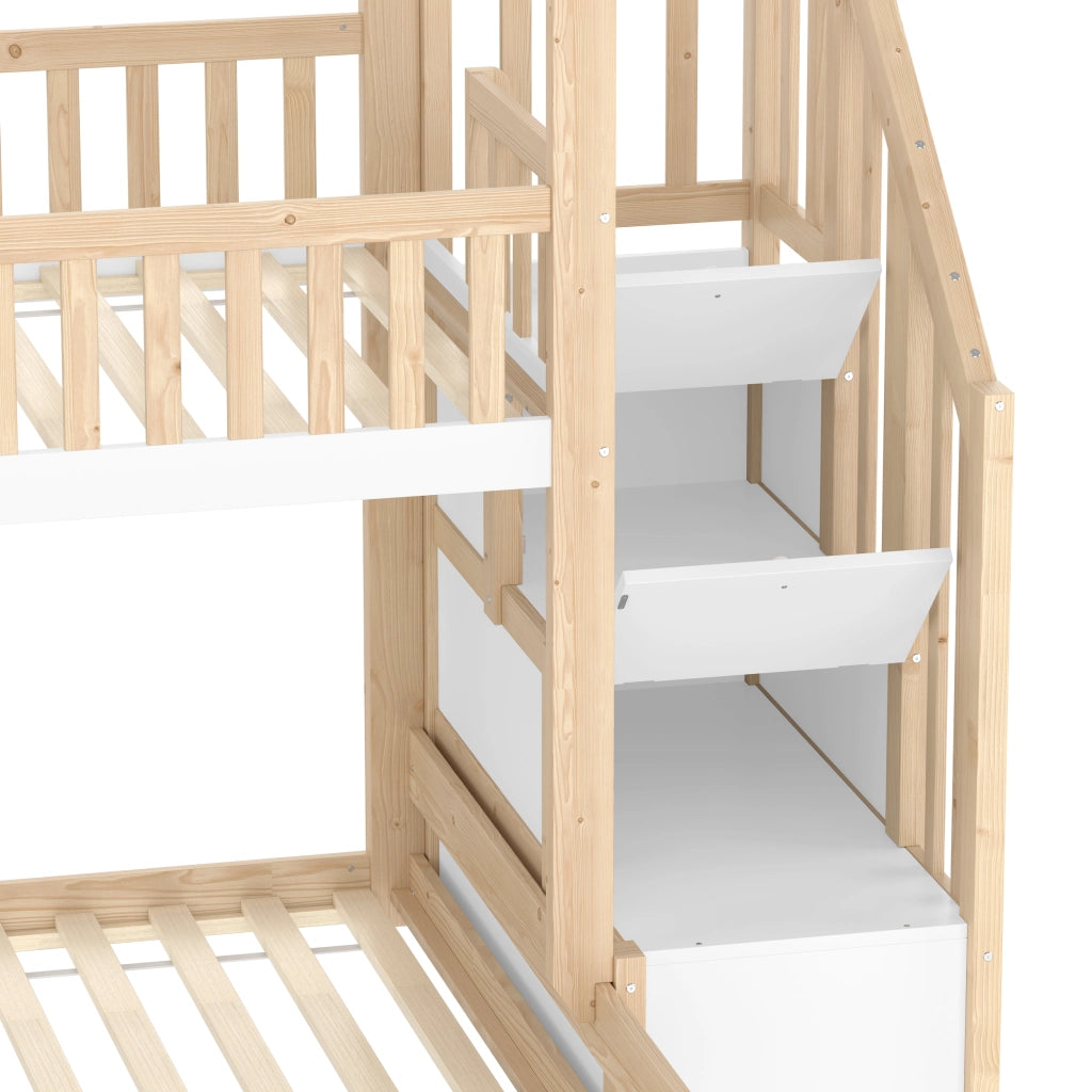 OKWISH Letto a Castello 90×200 cm e 140×200 cm, Letto 3 Posti con Scala Contenitore, Finestra e Sponde, senza Materasso, Naturale e Bianco