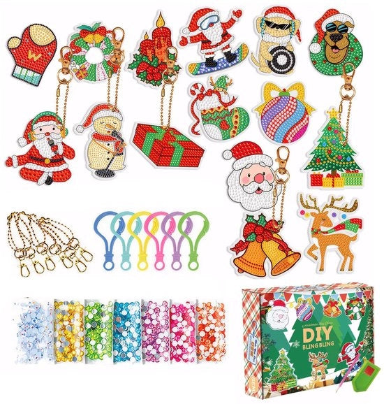 Set di Decorazione per Natale con Pittura con Perle di Diamante - 15 Pezzi - Fai da Te - Paillette Colorata - Leggero e Sostenibile - Regalo Perfetto